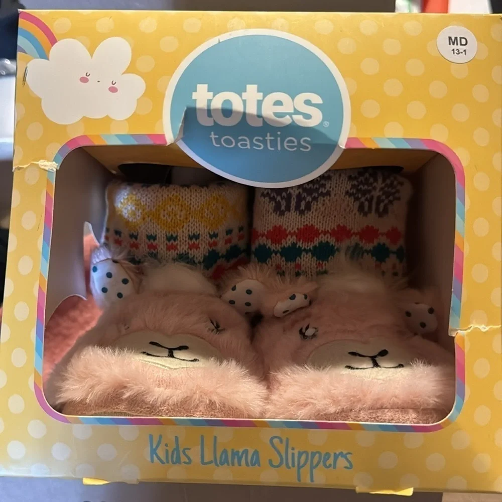 Kids Totes toasties kids Llama Pink and white Cozy dress up  slippers